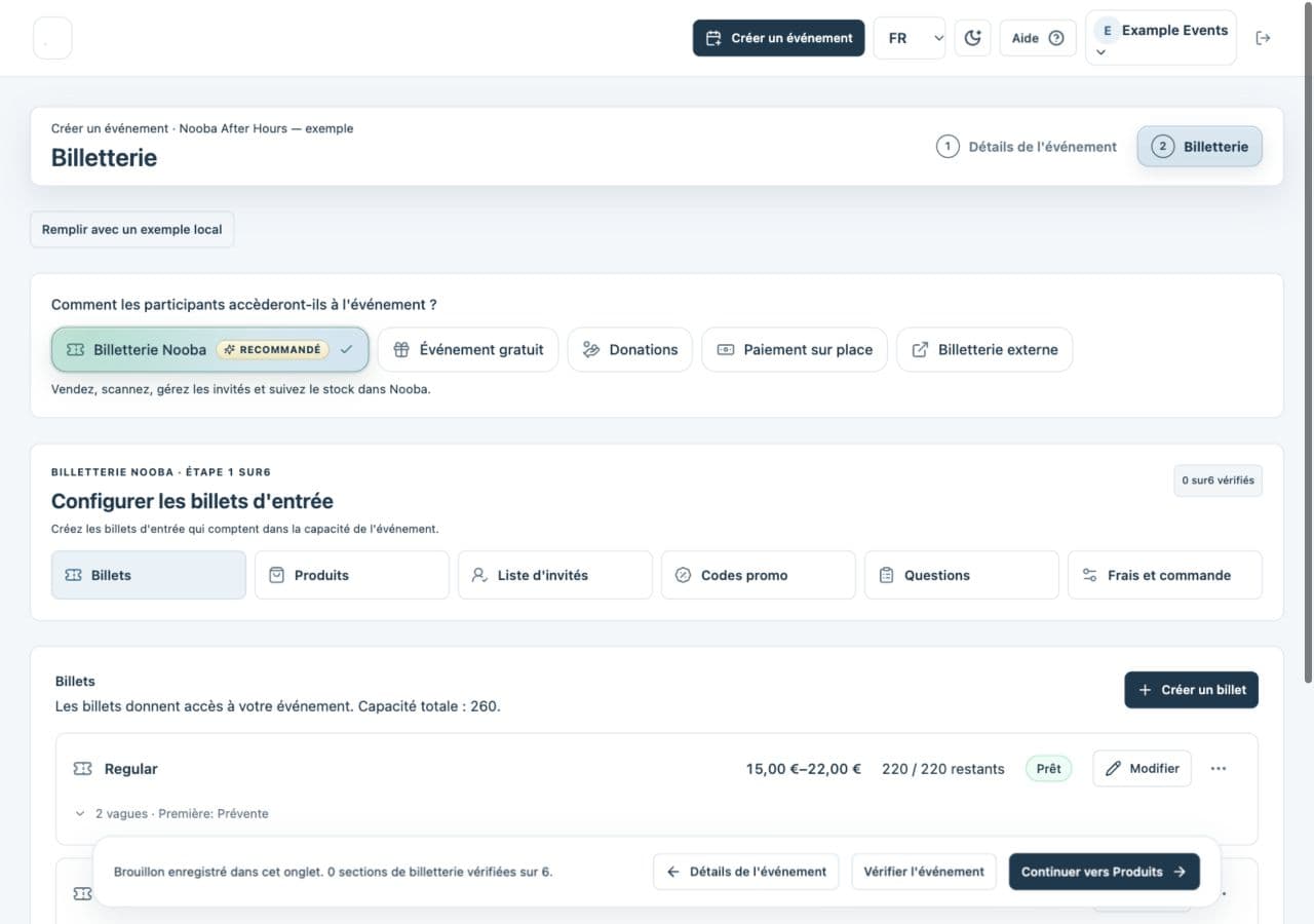 Exemple de gestion des billets dans l’espace organisateur Nooba