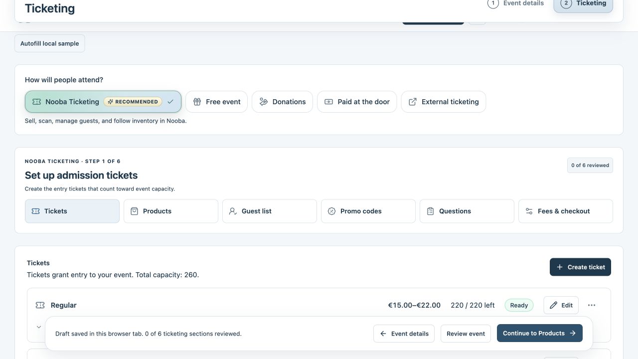 Attendance choices above the six Nooba Ticketing setup sections