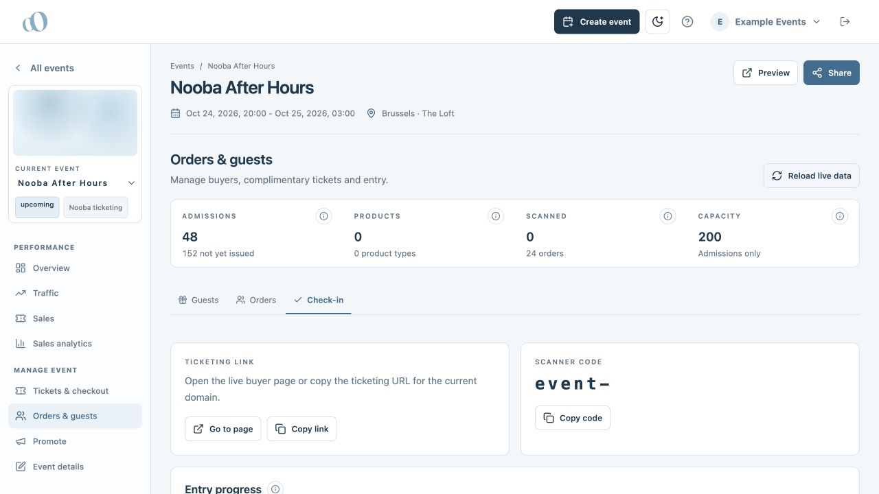 Check-in panel with scanner access controls and entry progress for an example event