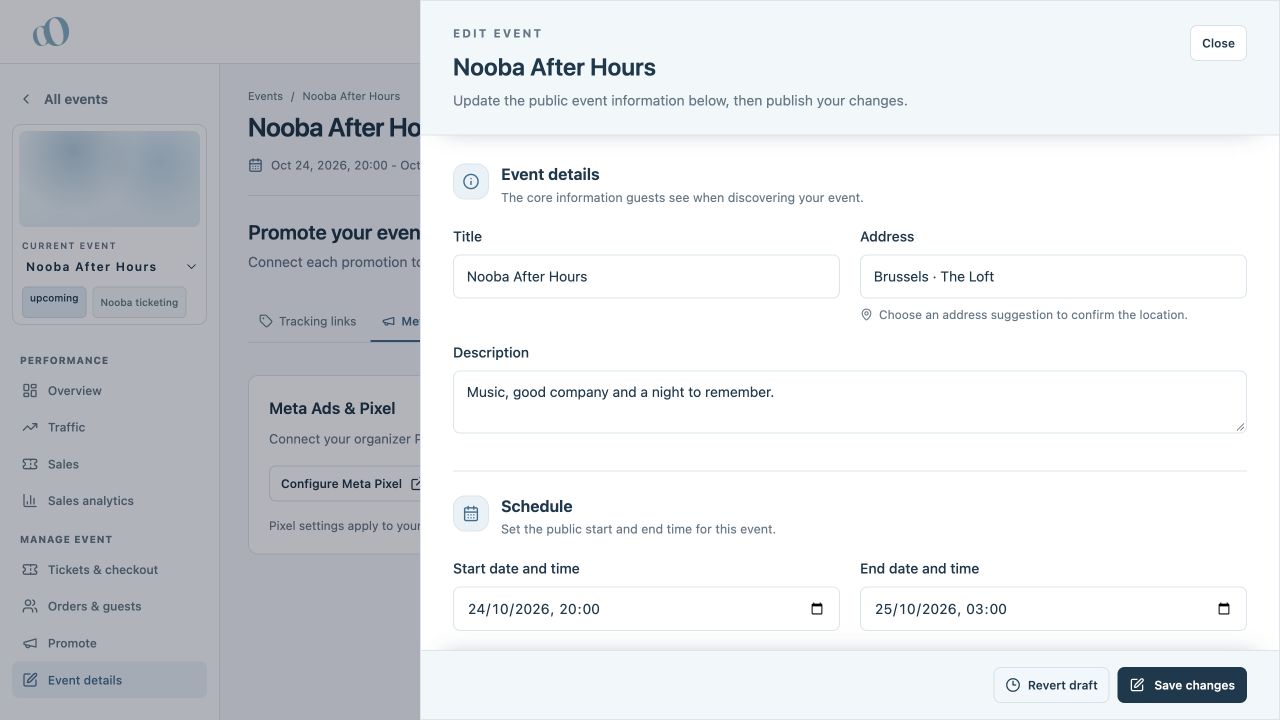 Edit event drawer showing title, address, description and schedule