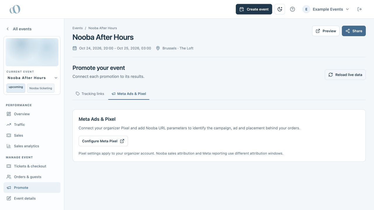 Meta Ads & Pixel panel with the organizer integration settings shortcut