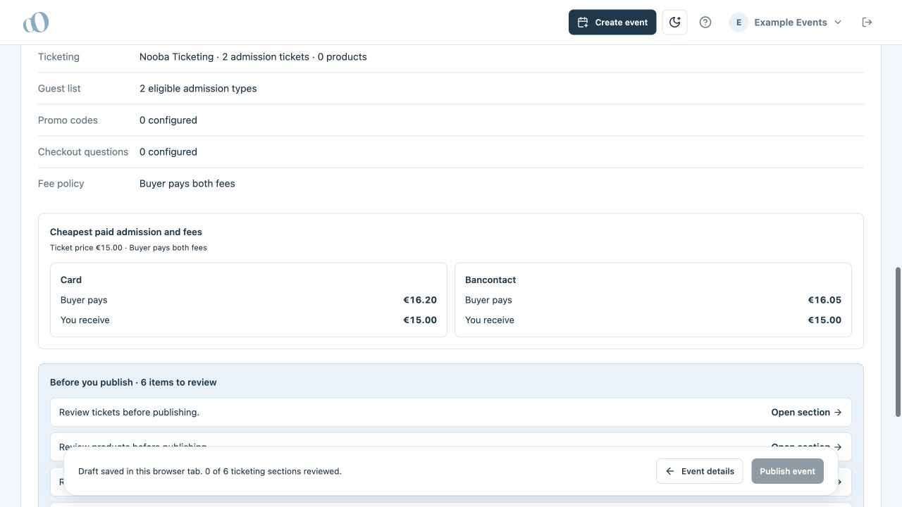 Publishing review with direct Open section links to unfinished ticketing sections