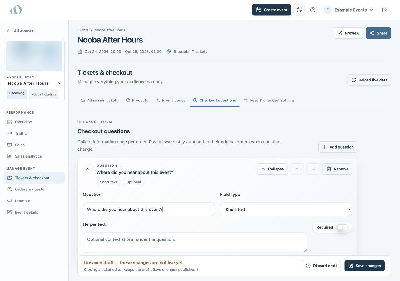 Checkout question editor with answer options and a required setting