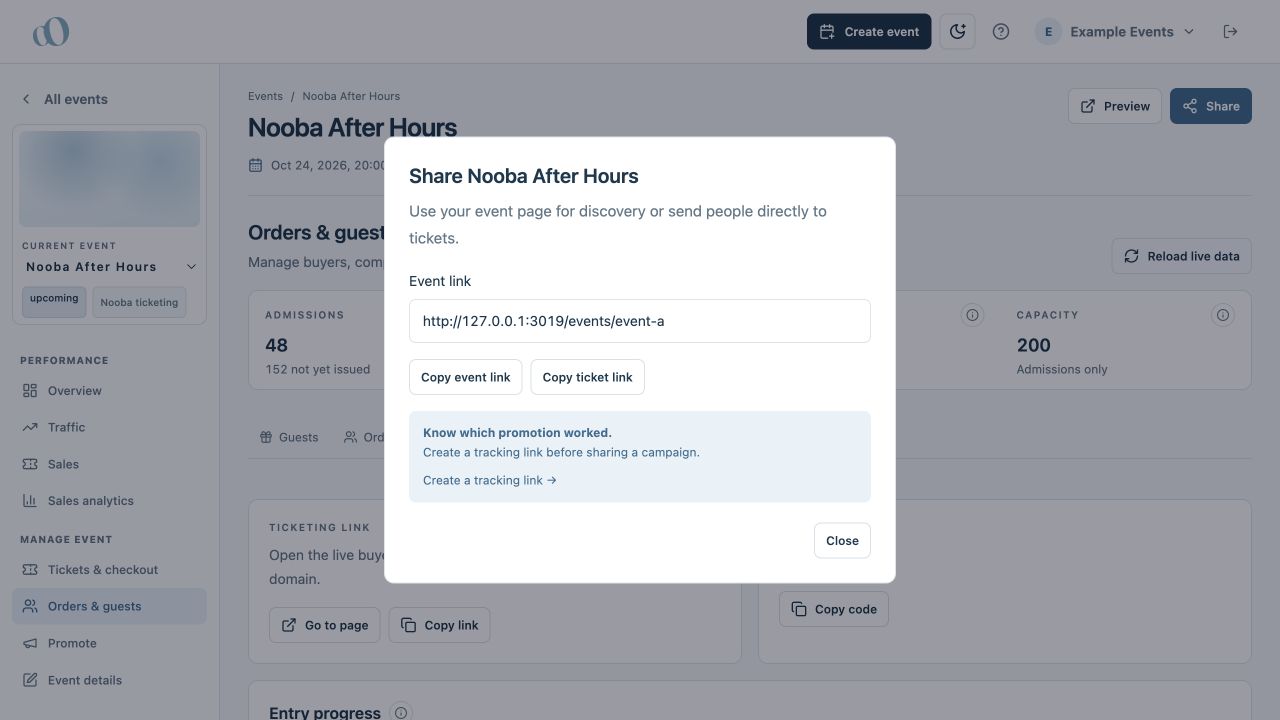 Share dialog with Copy event link and Copy ticket link controls