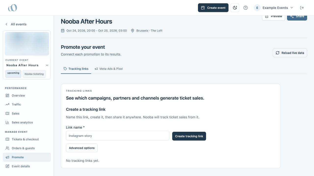 Tracking links panel with a Link name field and Create tracking link button